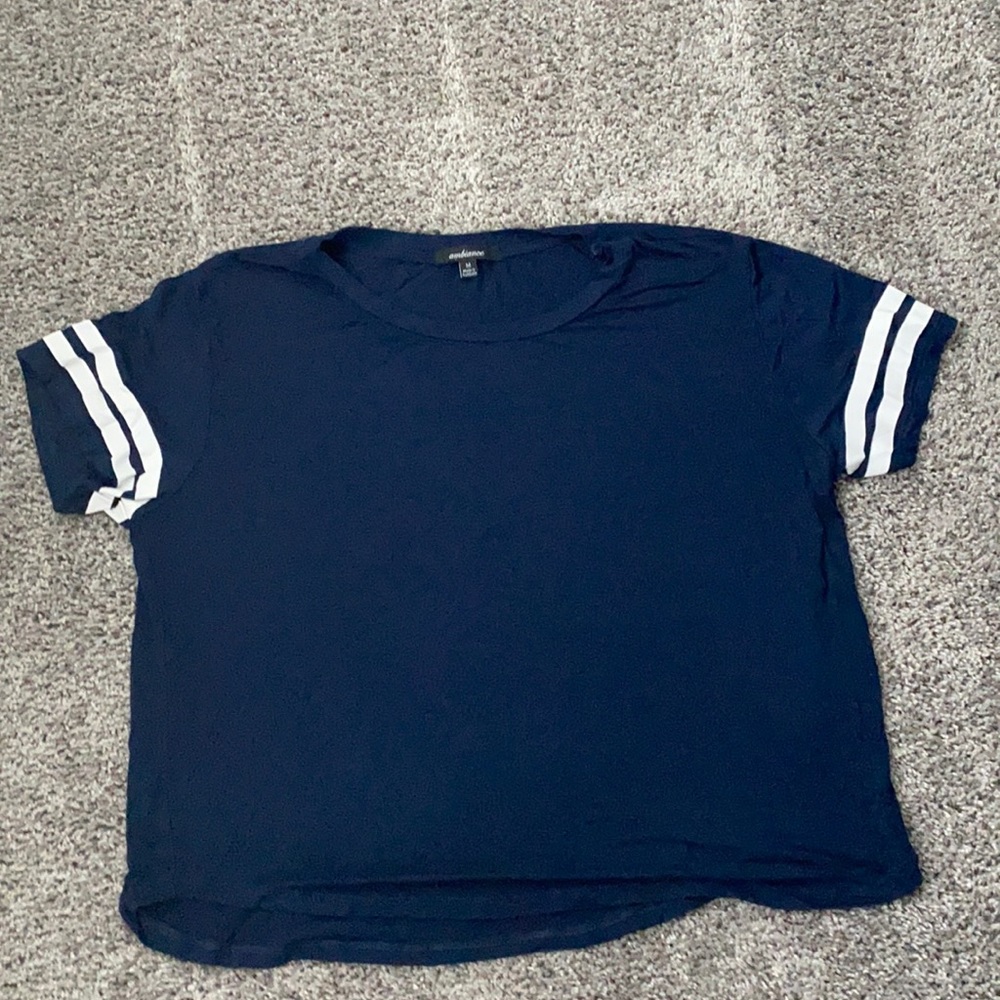 Blue crop top with 2 stripes on sleeves
